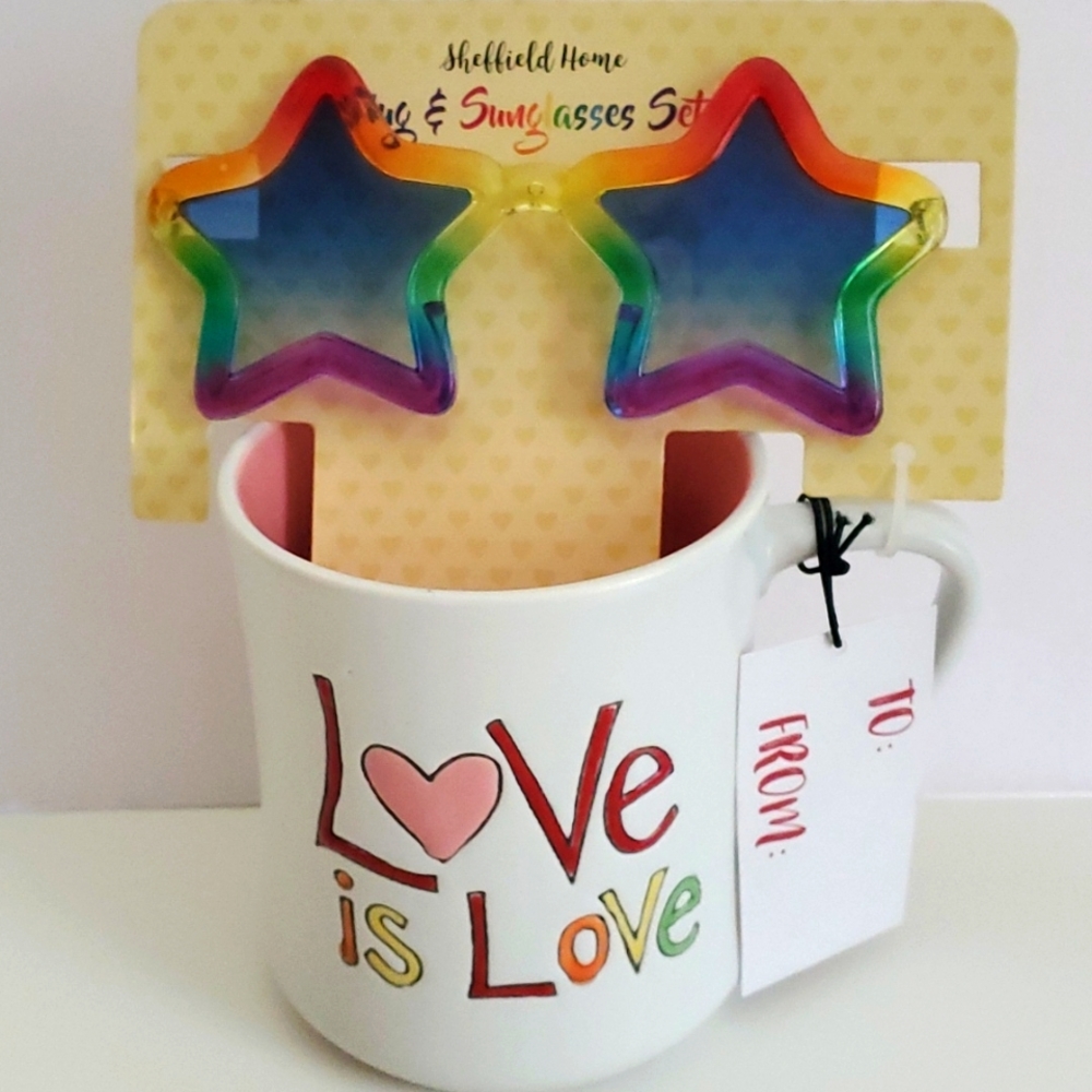 LOVE is LOVE Mug and Rainbow Star Sunglass Set.